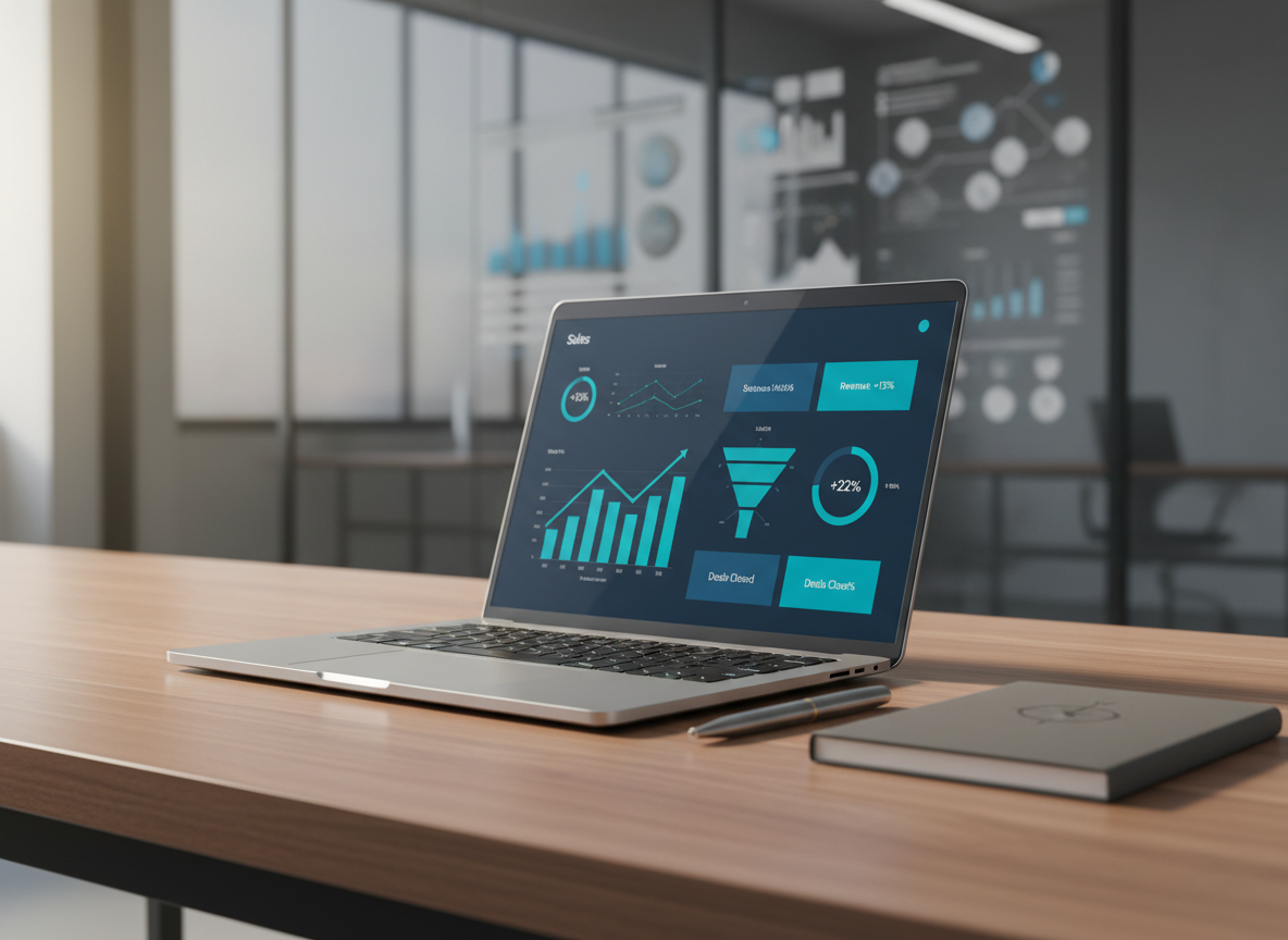 A close-up of an open, high-end laptop on a tidy walnut desk, its screen displaying a sharp, professional sales dashboard with rising bar charts, funnel metrics, and clear KPIs in a muted blue and teal palette. Beside it lies a metal pen aligned with a slim, grey notebook embossed with a subtle compass icon. In the background, slightly out of focus, a large glass wall shows faint reflections of charts and diagrams. Soft morning sunlight enters from the left, creating a gentle gradient of light across the desk and a faint highlight along the laptop’s brushed aluminum edge. Photographic realism, shot at a low, three-quarter angle with shallow depth of field, communicates precision, data-driven insight, and confident growth leadership.