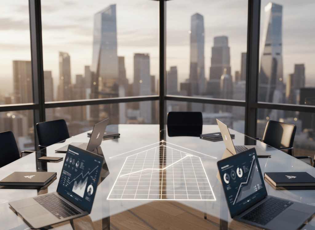A polished glass conference table shaped like a subtle upward arrow, embedded with a minimalist etched grid showing rising growth curves. Around it, sleek, closed laptops and neatly stacked reports display clean charts and dashboards, all branded with deep navy and silver accents. The table sits in a modern corner office with floor-to-ceiling windows overlooking a sharp, geometric city skyline. Late afternoon natural light streams in, casting crisp reflections across the glass surface and creating gentle shadows on a light oak floor. Photographic realism, shot from a slightly elevated angle with a shallow depth of field, keeps the table and growth curves in sharp focus while the skyline softens into a calm, professional blur, conveying strategic clarity and forward momentum.