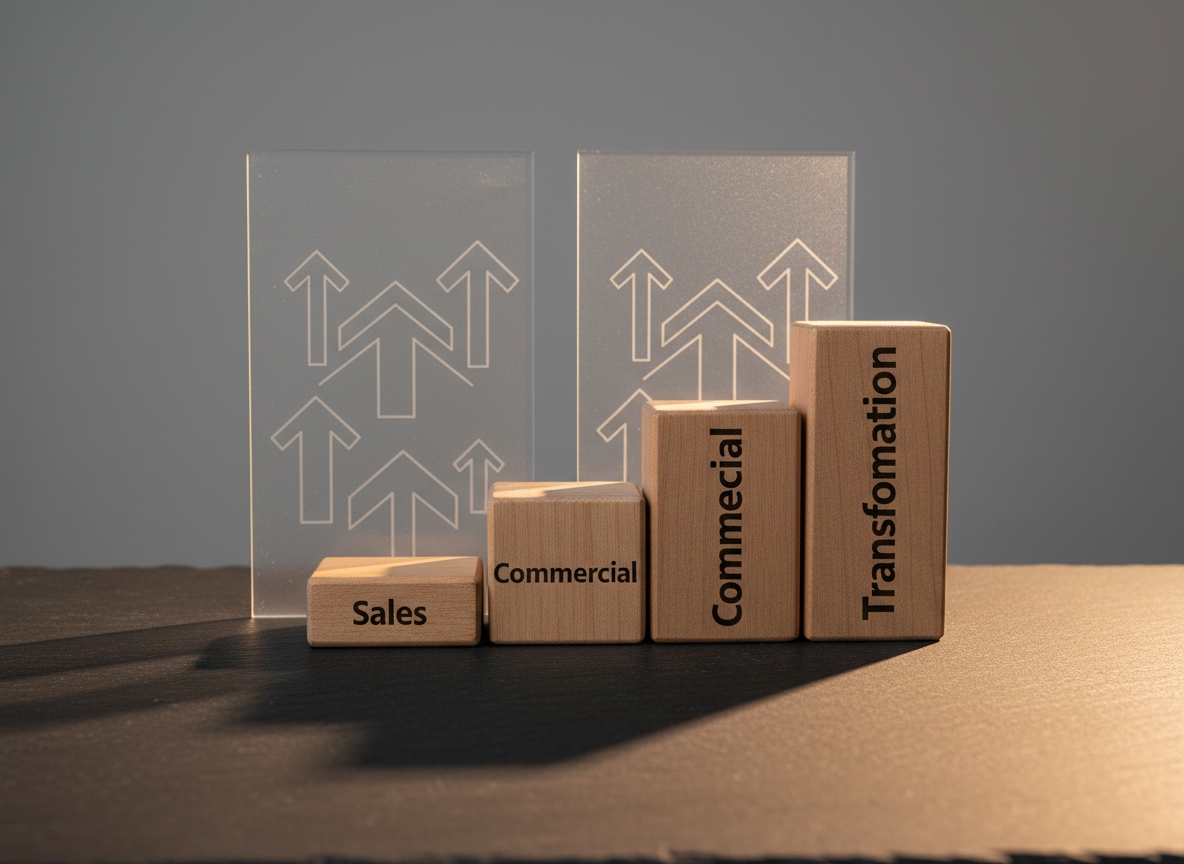 A minimalist, dark slate tabletop displaying three staggered wooden blocks, each slightly taller than the previous, engraved with the words “Sales,” “Commercial,” and “Transformation.” Behind them, semi-transparent acrylic panels etched with geometric growth arrows lean against a soft grey backdrop. A single, slim desk lamp outside the frame casts controlled, warm studio lighting from the right, producing crisp, elongated shadows that emphasize the upward progression of the blocks. Photographic realism with a centered, eye-level composition and sharp focus throughout creates a bold yet understated image. The atmosphere is calm, deliberate, and strategic, symbolizing structured SME growth through layered, professional consultancy support without clutter or distraction.