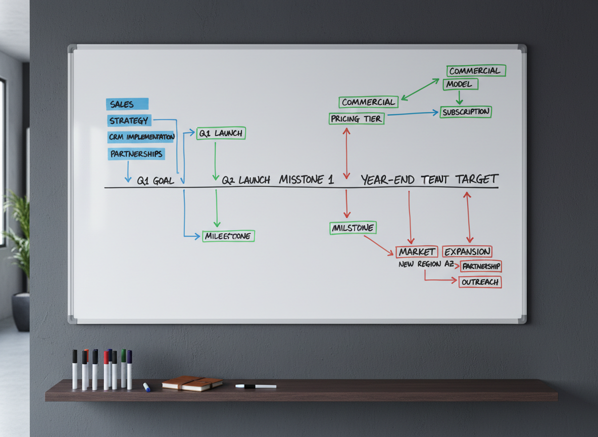 A large, pristine whiteboard mounted on a matte charcoal wall, covered with an organized network of hand-drawn boxes, arrows, and highlighted milestones representing a clear growth roadmap. Color-coded sticky notes form distinct paths labeled with concise, legible keywords like “sales strategy,” “commercial model,” and “market expansion.” Beneath the board, a slim floating shelf holds neatly arranged markers and a single closed leather notebook. Cool, diffused daylight from an unseen window illuminates the scene, creating soft, even lighting and minimal shadows. Photographic realism with an eye-level composition and balanced framing focuses on the structured diagram, emphasizing order, clarity, and practical transformation for SMEs in a clean, modern office setting.